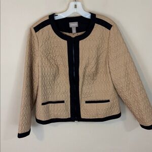Chicos Tan and Black Trim Full Zip Lightweight Quilted Jacket Size 2 (12)